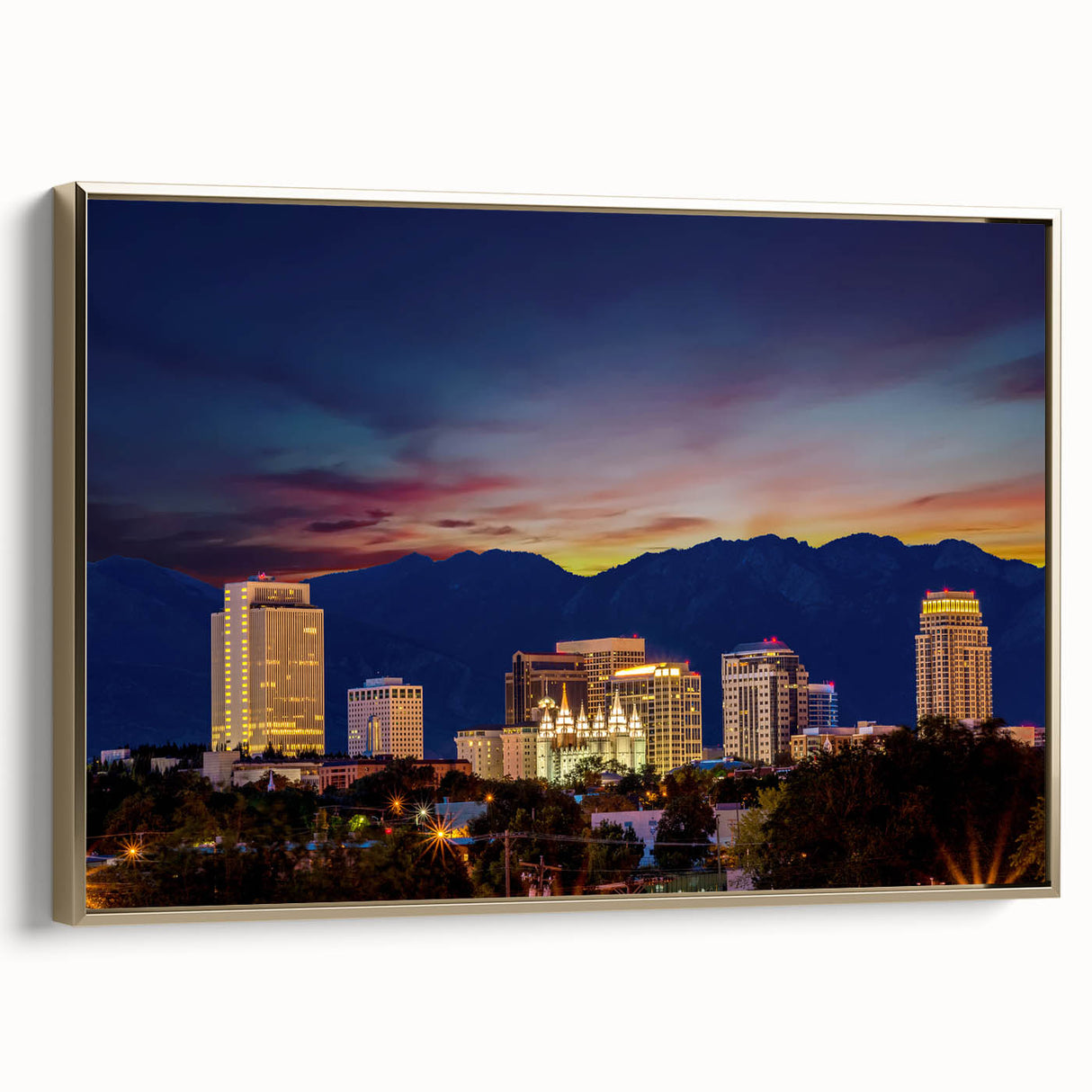 Framed canvas of Salt Lake City landscape in muted gold and black tones, ideal for bedroom wall art.