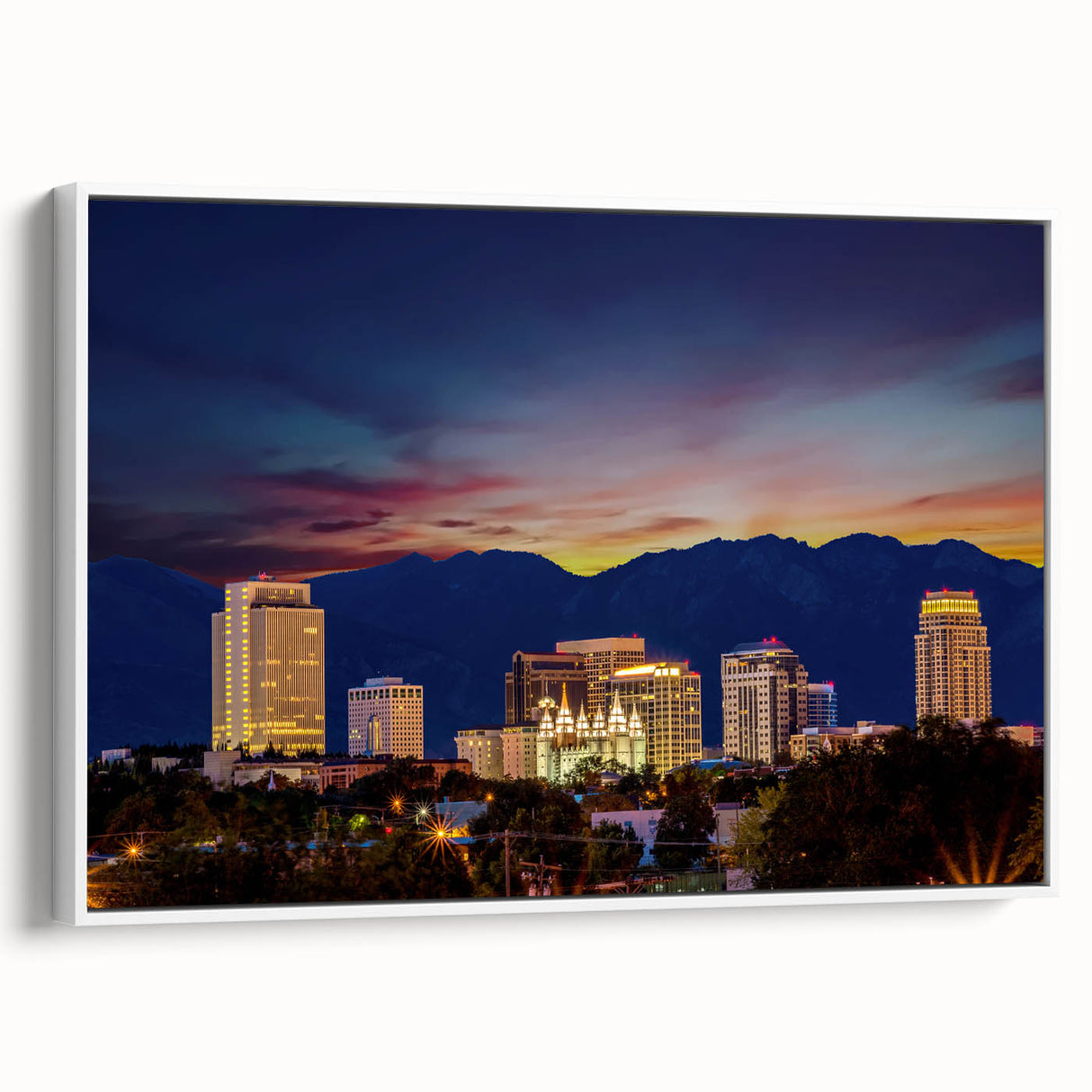 Vintage poster art of Salt Lake City with colorful palette on extra large framed canvas, ideal for living room decor.