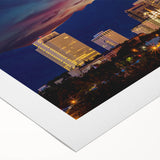 Art deco poster depicting the Salt Lake City skyline in pastel hues on rolled canvas, suitable for dining room decor.