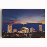 Black and white stretched canvas of Salt Lake City skyline, ideal for kitchen wall art.