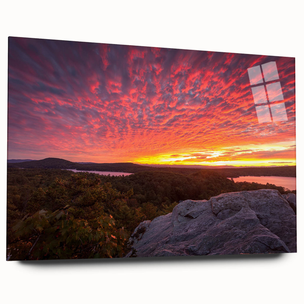 Large abstract depiction of Vermont scenery in muted earth tones on acrylic glass, suitable for bedroom or dining room art.