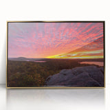 Large art print of a Vermont scenery in mid-century modernist style on framed acrylic, featuring muted autumn colors.