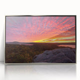 Mid-century modernist art depicting Vermont scenery in muted earth tones on a framed acrylic print.