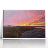 Acrylic print of a serene Vermont landscape in pastel colors, framed in white, suitable for modern nursery decor.