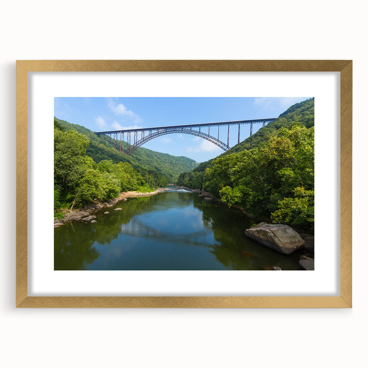 Extra large abstract art print featuring textured scenery of Virginia in muted earth tones, framed in gold.