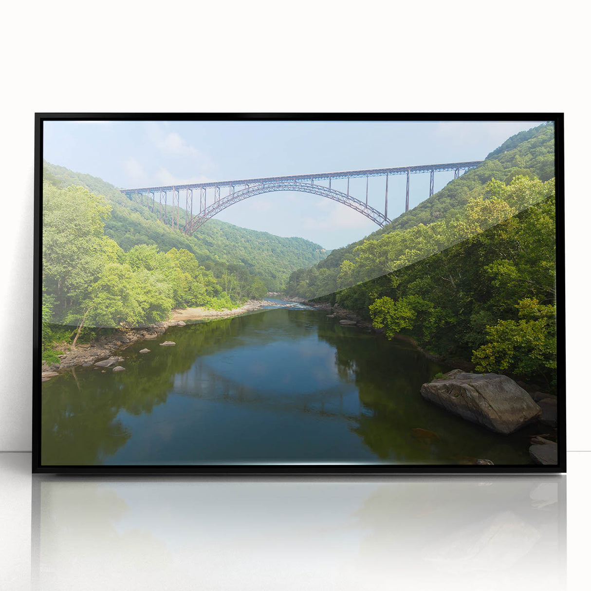 Large abstract wall art depicting Virginia scenery in muted earth tones, framed in black acrylic.
