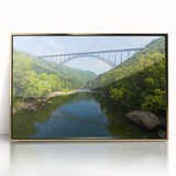 Mid-century modernist style large art print of Virginia scenery in gold and green tones, acrylic framed.