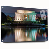 Acrylic print of the Washington DC skyline featuring muted gray and blue tones, ideal for dining room art.