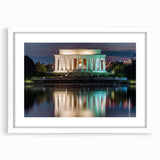 Abstract art print of the Washington DC Lincoln Memorial in muted gray and blue tones on a white framed poster.