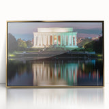 Acrylic print of the Lincoln Memorial with soft gold and white tones in a mid-century modernist style.