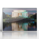 Modern art depiction of Washington DC with Lincoln Memorial in muted colors on framed acrylic.