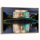 Framed canvas depicting a vintage-style landscape of the Lincoln Memorial in muted gold and black tones.