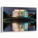 Vintage poster art of Washington DC with Lincoln Memorial depicted in colorful hues on a framed canvas.