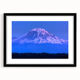 Extra large, textured abstract art print of Mount Rainier in vibrant colors on a framed black mat.