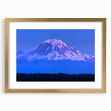 Extra large wall art featuring an abstract depiction of Mount Rainier in textured shades of blue and gray, framed in gold.