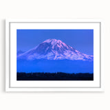 Abstract art print of Mount Rainier in muted earth tones on a framed white canvas, suitable for bedroom or dining room decor.