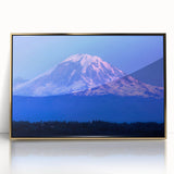 Mid-century modernist art of Mount Rainier in muted earth tones on a framed acrylic, ideal for modern art wall decor.