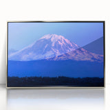 Mid-century modernist art of Mount Rainier in muted earth tones on a framed acrylic, suitable for nursery wall art.