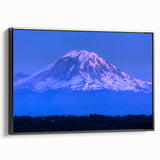 Black and white wall art featuring Mount Rainier on a framed canvas, ideal for bedroom decor.