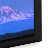 Extra large framed canvas featuring a textured depiction of Mount Rainier, with a black background and colorful art accents.