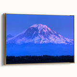 Framed canvas featuring a vintage-style landscape painting of Mount Rainier, in muted earth tones.