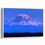 Vintage poster art of Mount Rainier with a white frame, using vibrant colors on canvas, suited for large living room walls.