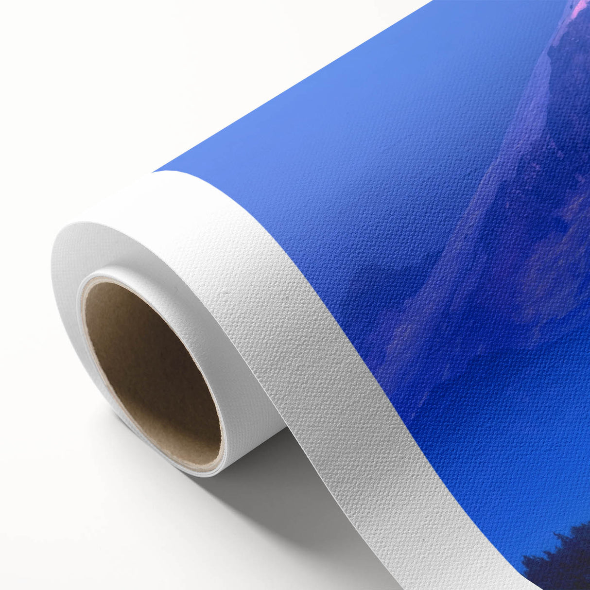 Art Deco style poster of Mount Rainier on a rolled canvas, in soft pastel colors, ideal for nursery wall art.