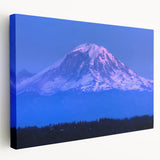 Large art depicting Mount Rainier in muted green and blue tones on stretched canvas, ideal for kitchen wall art.