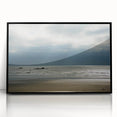 Large abstract wall art depicting the Olympic mountains in muted earth tones, framed in black acrylic.