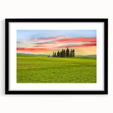 Extra large abstract art print of colorful, textured Palouse scenery in a black frame, ideal for living room decor.