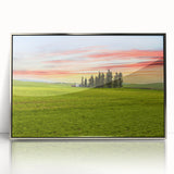 Mid-century modernist art depicting the rolling hills of Palouse, Washington, in muted earth tones on a framed acrylic print.