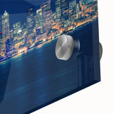 Large abstract wall art of Seattle skyline in muted gray shades on acrylic glass, ideal for dining room ambiance.