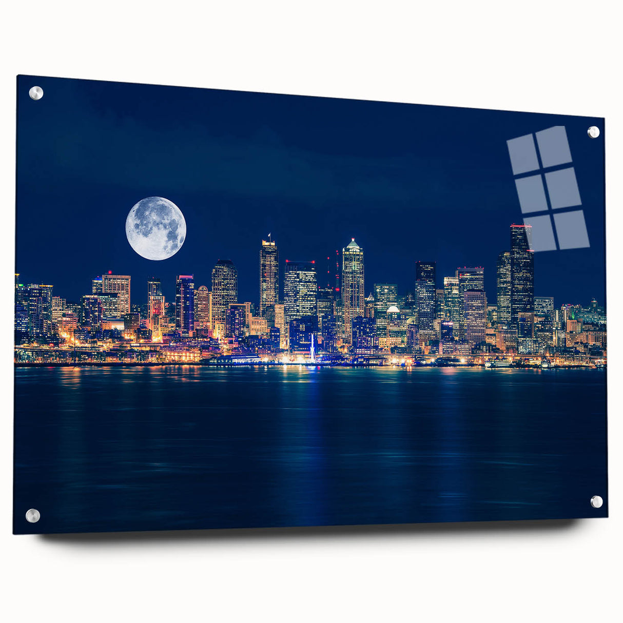 Acrylic print of Seattle skyline in muted blue tones, suitable for dining room or bedroom decor.