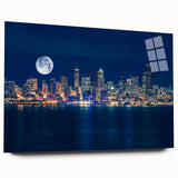 Large abstract art print of Seattle skyline in muted blue and gray tones on acrylic glass.