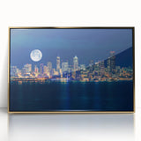 Acrylic print of Seattle skyline in gold tones, mid-century modernist style, suitable for modern art wall decor.