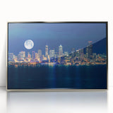 Mid-century modernist art depicting the Seattle skyline in muted silver and gray tones on a framed acrylic print.