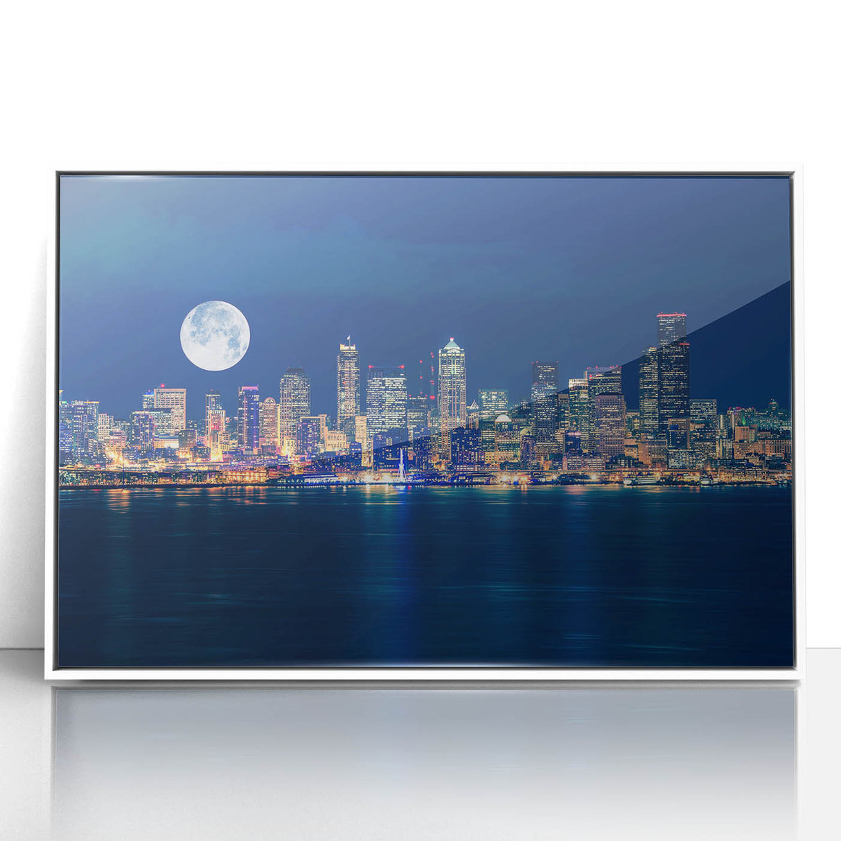 Art deco poster of Seattle skyline in muted gray, acrylic print in white frame, ideal for modern nursery wall art.