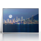 Art deco poster of Seattle skyline in muted gray, acrylic print in white frame, ideal for modern nursery wall art.