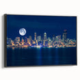 Black and white framed canvas of Seattle skyline, ideal for bedroom wall decor, featuring vintage poster art style.