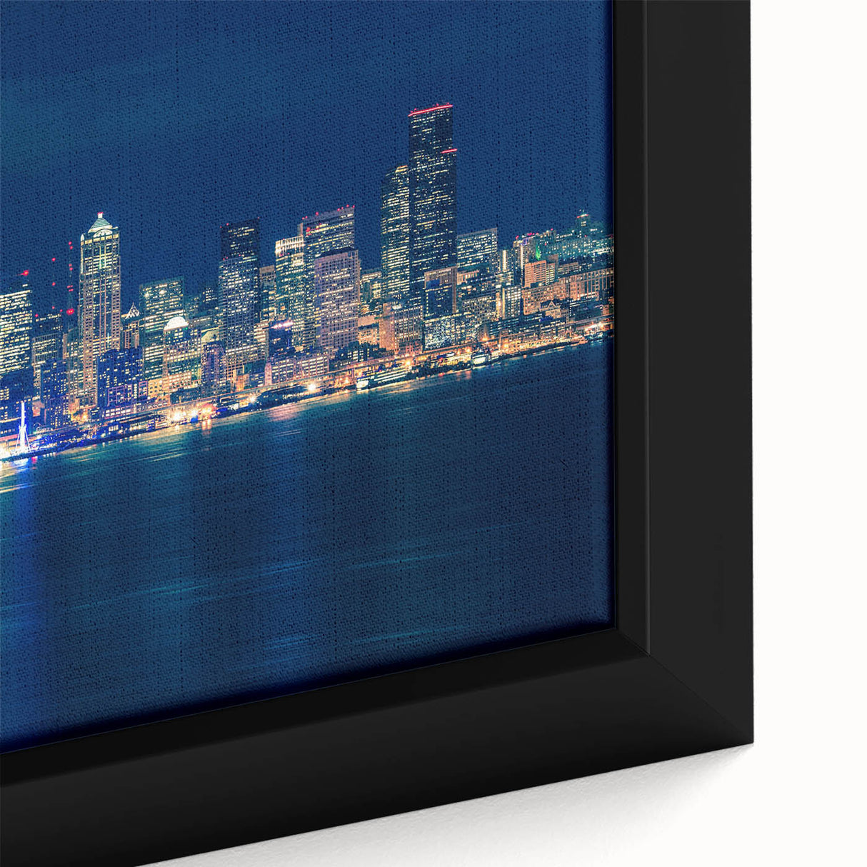 Extra large framed canvas of Seattle skyline in black with colorful, textured highlights, ideal for living room decor.