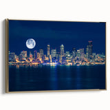Framed canvas featuring a vintage-style landscape painting of the Seattle skyline in black and gold tones.