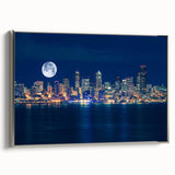 Framed canvas featuring a vintage-style Seattle landscape with colorful art on a black background, ideal for office decor.