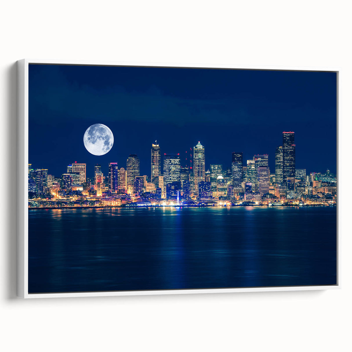 Vintage poster art of Seattle skyline in colorful hues on extra large framed canvas, ideal for living room decor.
