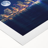 Art deco poster of Seattle skyline in muted gray and blue tones on rolled canvas, suitable for dining room wall art.