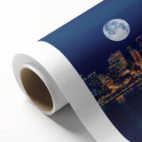 Art deco poster of Seattle skyline in muted blue and gray tones on rolled canvas, ideal for nursery wall art.