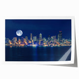 Extra large rolled print of Seattle scenery, featuring muted green and blue tones, ideal for art wall dining room.