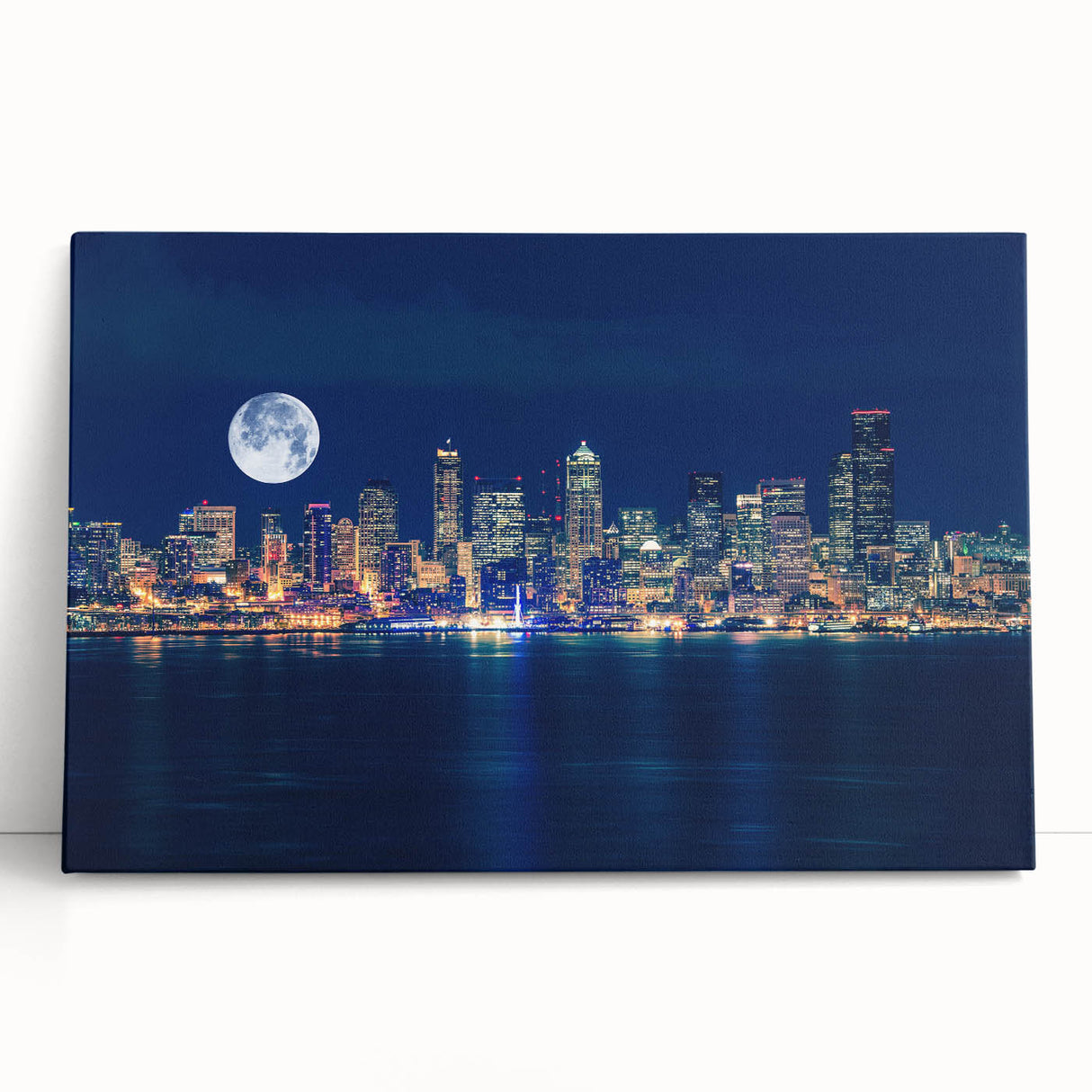 Black and white photo of Seattle skyline on stretched canvas, ideal for kitchen wall art or bedroom ambiance.