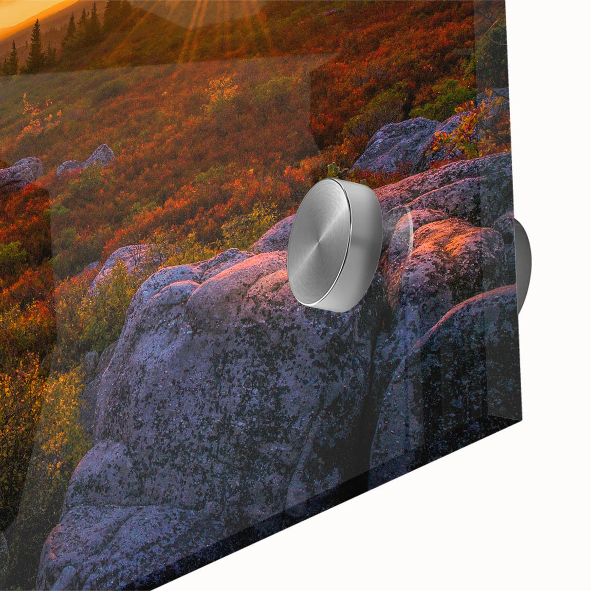 Large abstract wall art depicting West Virginia scenery in mid-century modernist style on acrylic glass.