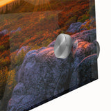 Large abstract wall art depicting West Virginia scenery in mid-century modernist style on acrylic glass.