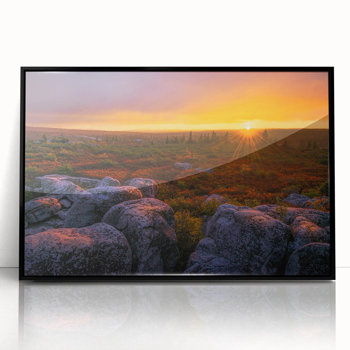 Large abstract wall art depicting a West Virginia landscape in muted earth tones on a framed acrylic.